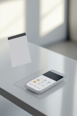 A sleek white remote control sits on a modern table, with a blank card floating above it, symbolizing minimalistic technology.
