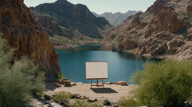 A white, empty canvas on an easel floats on calm water, surrounded by stunning high desert mountains under a bright blue sky