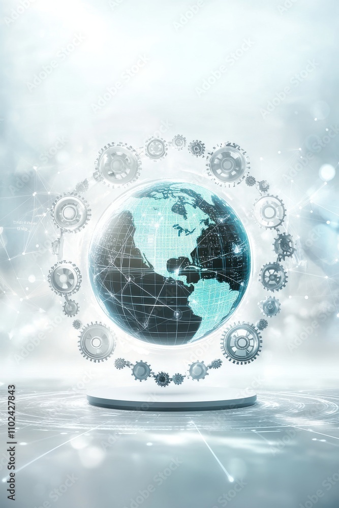 Poster abstract representation of a digitally connected globe, featuring a network of gears, symbolizing gl
