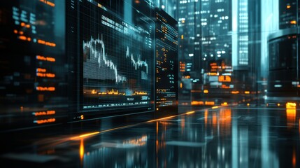 Fototapeta premium Futuristic Digital Cityscape with Stock Market Data Displayed on Screens and Reflections on Glass Surfaces, Evoking Innovation and Technology Trends in Business