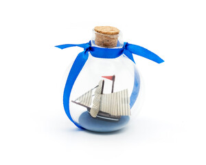 Decorative Ship in a Bottle with Blue Ribbon