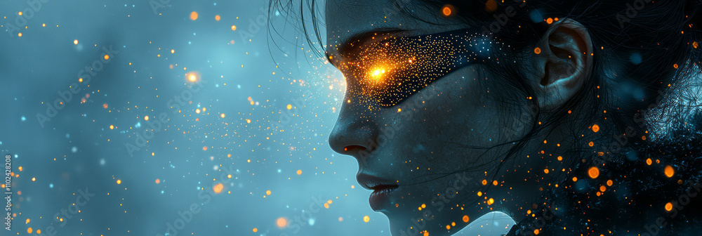 Poster a mysterious woman with a smooth black eye patch embedded with tiny glowing orbs, surrounded by shim