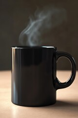 A steaming black mug on a wooden table, exuding warmth and comfort in a cozy atmosphere.