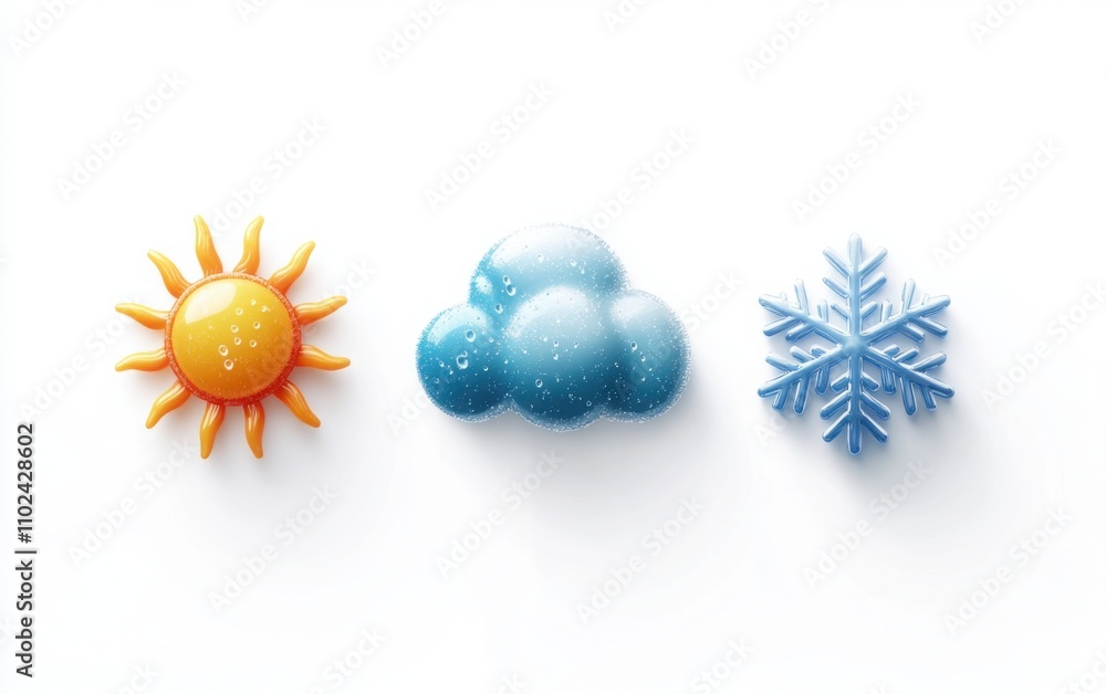 Poster weather icons designed with subtle 3d effects (cloud with rain, sun with rays, snowflake