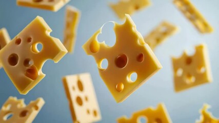 Floating Swiss cheese chunks on blue background, symbolizing culinary delight and cheese appreciation