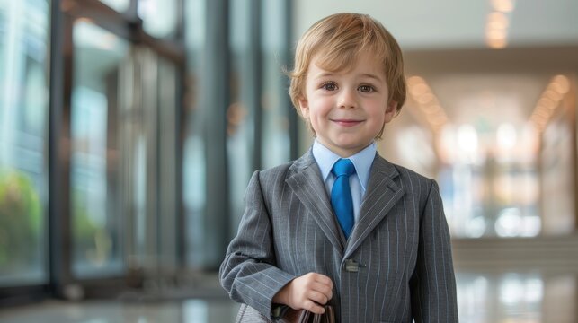 Confident Child Businessman in Pinstripe Suit Posing with Briefcase in Modern Corporate Setting - Powered by Adobe