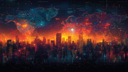 Dusk settles over a bustling city skyline, illuminated by vibrant colors, while a digital map glows in the background, merging nature and technology