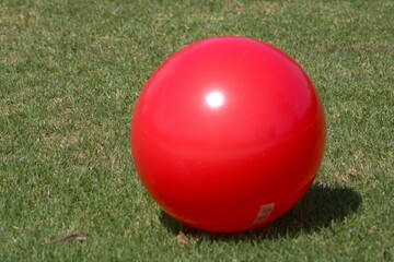 large red bouncy ball on the grass
