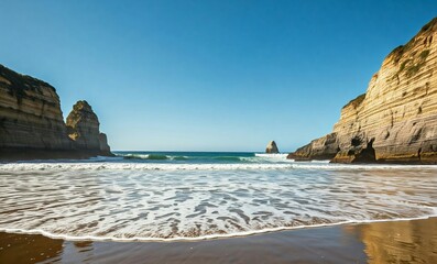 Point of view view of a stunning secluded beach frame by two cliffs. The waves lapping in the shore leave a trace of foam. The blue ocean meets a clear sky enhances the vivid colors of the seascape.