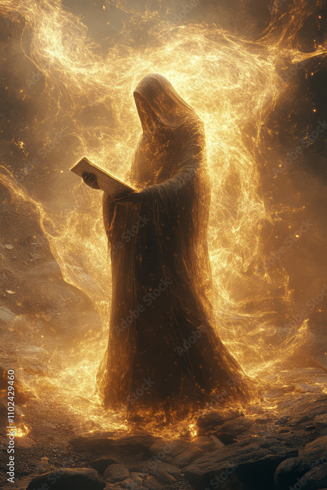 Poster a mystical prophet surrounded by an ethereal glow, holding a sacred scroll, with intricate patterns 