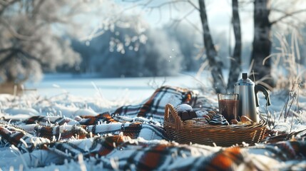 Cozy winter picnic setup by a frozen lake with blankets and food