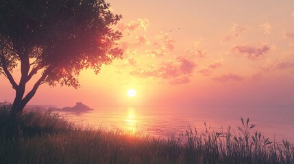 Fototapeta premium Peaceful sunset over a tranquil ocean with a lone tree on a grassy hill.
