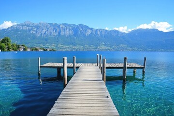 Sunset Serenity: Two Wooden Piers Over a Reflective Blue Lagoon with Vibrant Sky Colors