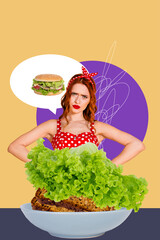 Vertical photo collage of upset girl bowl lettuce bread diet hunger dream bubble cheeseburger fast...