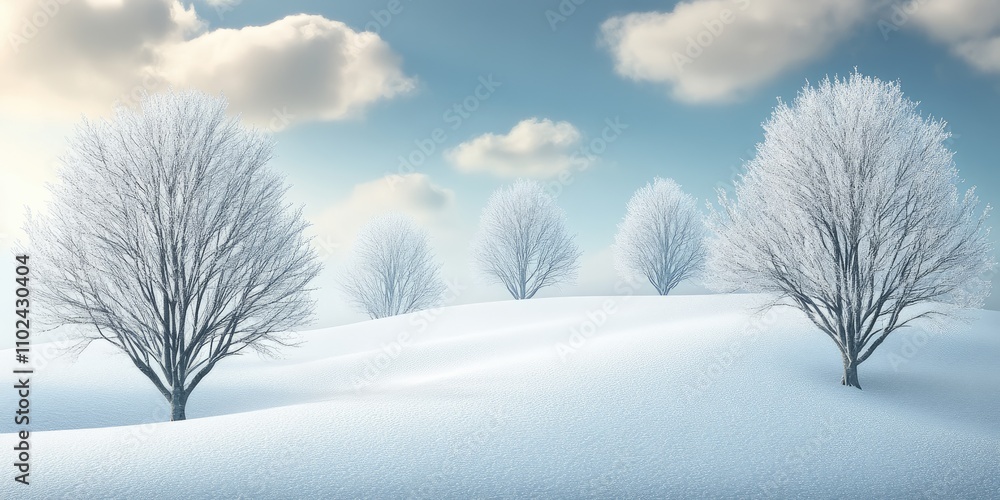 Poster frosted trees stand elegantly on pristine snow, creating a tranquil winter landscape illuminated by 