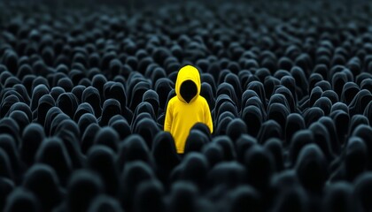 A person wearing a yellow hoodie contrasts sharply with numerous dark figures around them