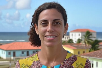 Smiling hispanic woman standing outdoors with ocean and buildings in background