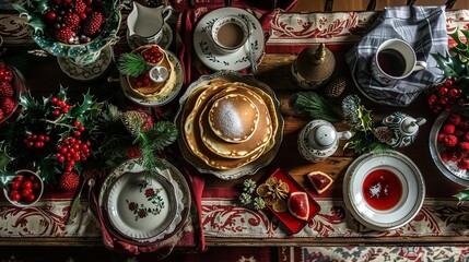 Elegant holiday breakfast table with pancakes and seasonal decorations