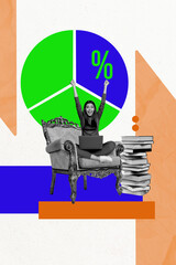 Vertical photo collage of happy girl freelancer sit armchair diagram development percent book stack elearn isolated on painted background