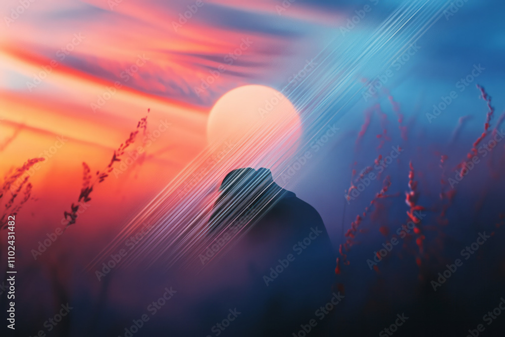 Poster surreal sunset through abstract mist with architectural lines