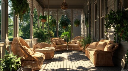 Fototapeta premium A Victorian veranda outfitted with wicker furniture