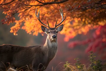 An adult deer with large antlers gazes directly at the camera, surrounded by vibrant autumn leaves in warm, seasonal hues


