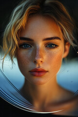 Portrait of a Woman with Fiery Hair in Abstract Urban Setting