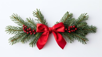 Red ribbon bow with evergreen sprigs and red berries, festive and decorative holiday design, elegant Christmas arrangement, traditional seasonal decor, perfect for celebrations

