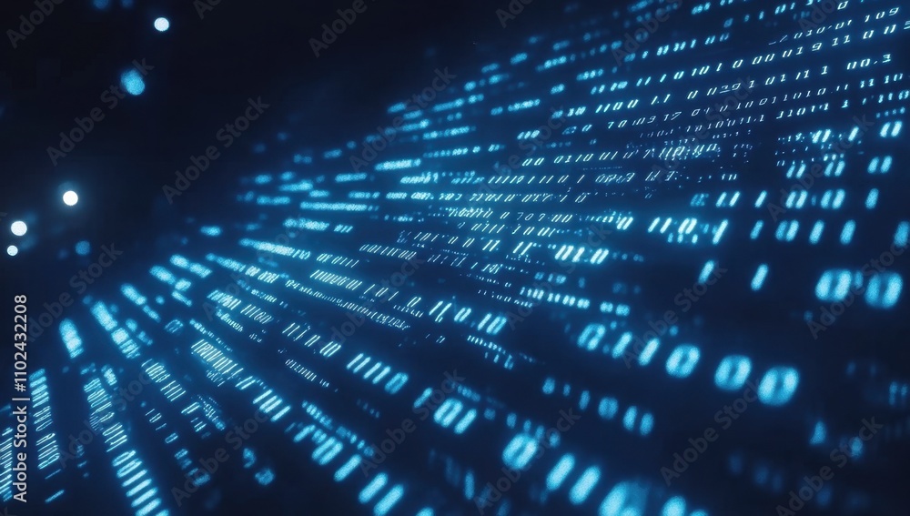 Poster blue binary code background with glowing digital numbers, dark blue illustration of a computer scree