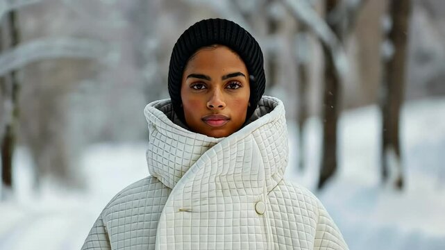 A woman in a winter coat stands in a snowy forest, embodying winter fashion and tranquility