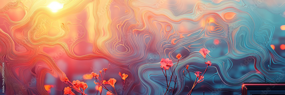 Aufkleber an abstract fluid gradient artwork featuring soft, flowing lines in vibrant pastel colors.