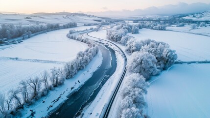 Snowy countryside road following a winding river in winter