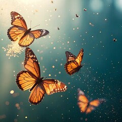 Multiple butterflies with golden orange and brown hues fly gracefully in a sunlit, dreamy atmosphere with a teal background

