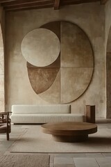 Minimalist, Contemporary Living Room with White Sofa, Round Coffee Table, and Abstract Wall Art