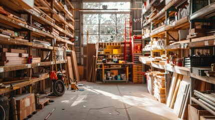 Fototapeta premium A cluttered workshop with wood and tools on shelves, a workbench with tools and supplies, and a window with natural light.