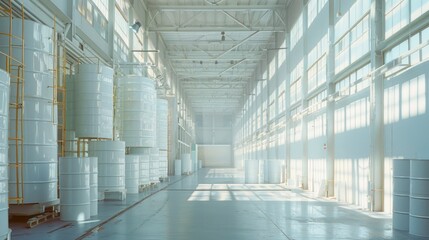 A large empty industrial warehouse with large white cylinders in the background and a large window at the end.