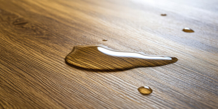 Close-up of water droplets on laminate floor with wood pattern. Background of water resistant laminate flooring, high water protection class - Powered by Adobe