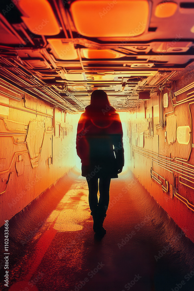 Poster a silhouette of a person walking through a tunnel with futuristic, mechanical-like walls illuminated