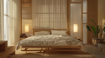 Minimalist Bedroom with Bamboo Accents and Soft Natural Lighting for Tranquil Interior Design