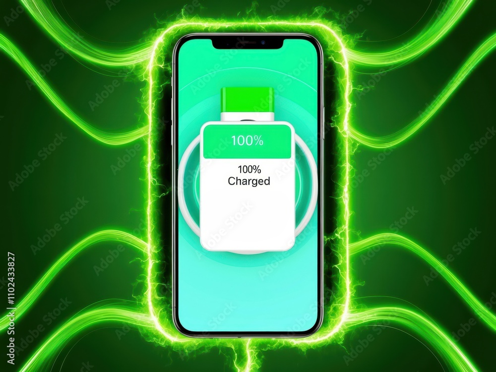 Poster a smartphone displaying a 100% charged notification with a glowing screen, symbolizing tech efficien