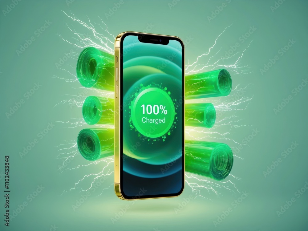 Poster a smartphone displaying a 100% charged notification, symbolizing efficient modern technology