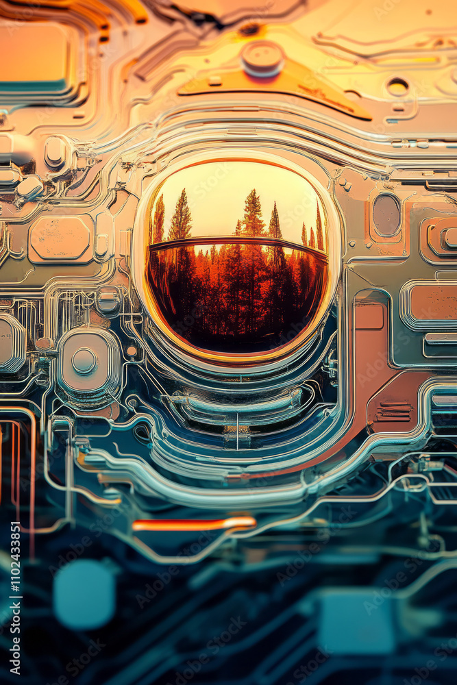 Poster An abstract composition featuring a futuristic circuit board design with intricate lines and geometric elements.