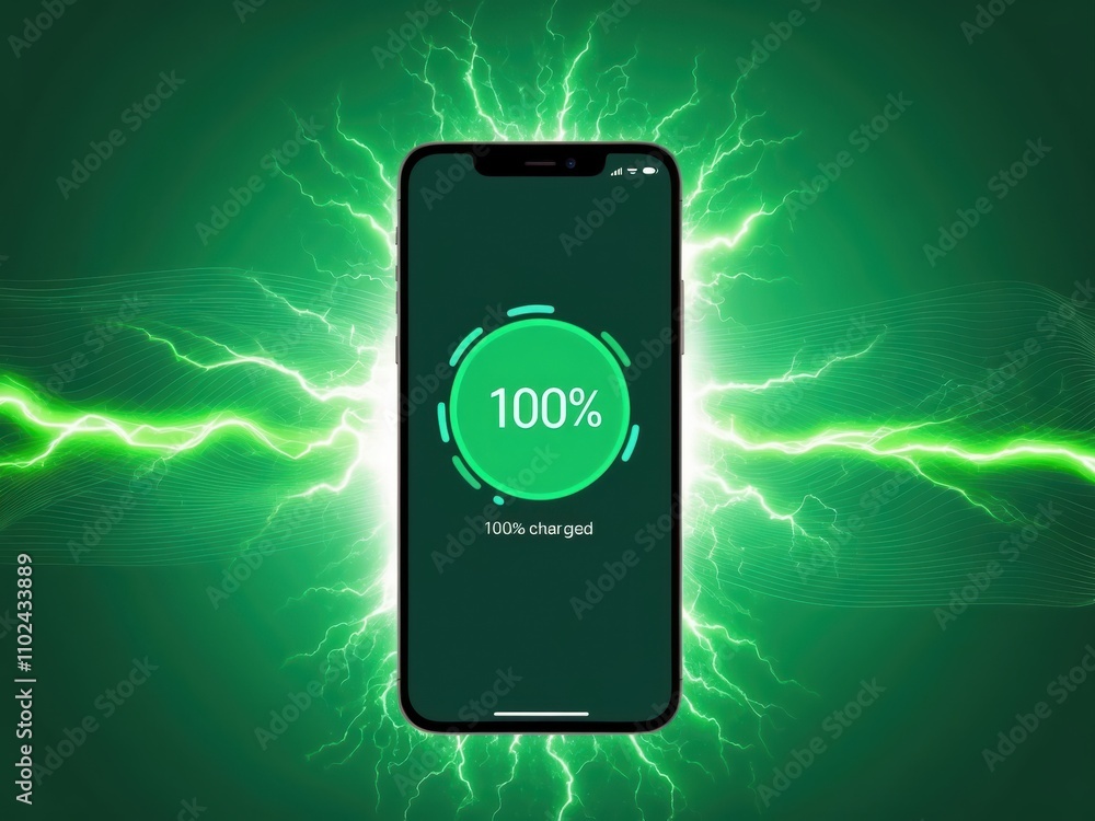 Poster a smartphone displaying a 100% charged notification with a glowing screen, symbolizing tech efficien