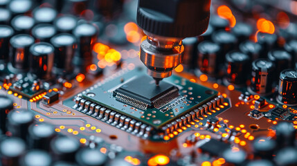 Tool drill assembling microchip circuit semiconductor high technology manufacturer futuristic