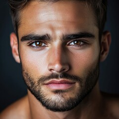 Obraz premium Striking Brunette Male Model with Intense Gaze Against Dark Background