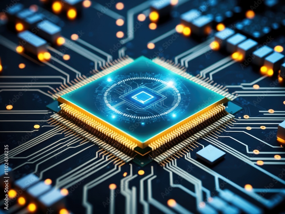 Poster a closeup of a quantum computer chip surrounded by glowing circuits, showcasing cutting-edge tech