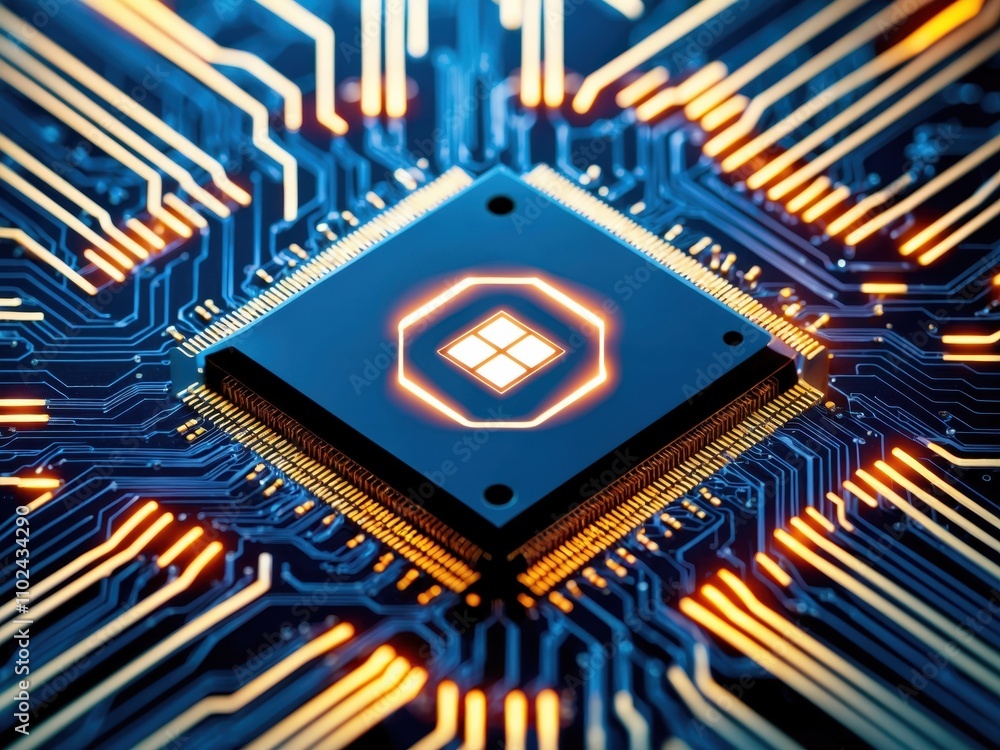 Poster a closeup of a quantum computer chip surrounded by glowing circuits, showcasing cutting-edge tech