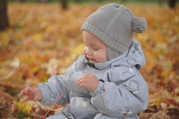 Little boy playing in autumn park. Child on yellow fallen leaves on a sunny autumn day.
