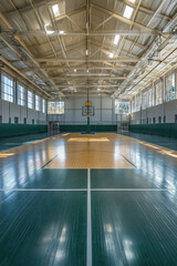 Empty interior of indoor sports basketball court. Background of basketball room with copy space