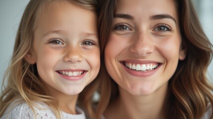 Fototapeta premium Mother and daughter with beautiful smiles in close-up.